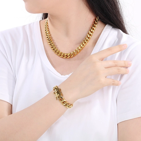 Juego De Joyas De Collar Y Pulsera De Cadena Cubana Gruesa De Acero Inoxidable Pulido Estilo Hip Hop Punk