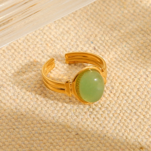 Anello Aperto In Acciaio Inossidabile Placcato Oro 18K Stile Francese Vintage Da Donna Con Pietra Preziosa Verde Ovale Retro