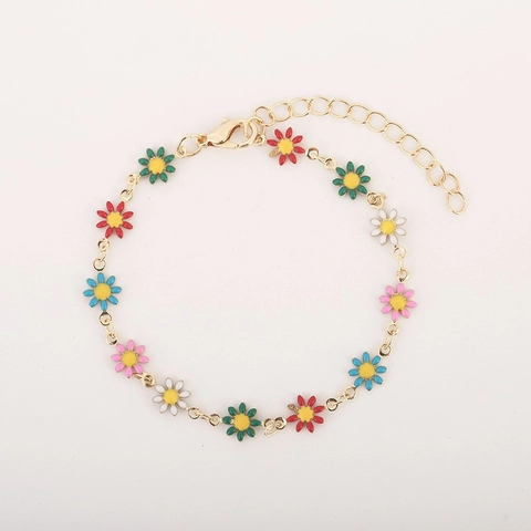 Squisito Bracciale a Catena con Fiori di Margherita Placcato in Rame da Donna Regolabile Multicolore Smalto Cuore Gioielli