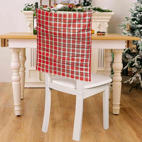Christmas Chair Back Covers Plaid Tartan Fabric Decorative Seat Protectors For Dining Room Holiday Home Decor American Retro Style
