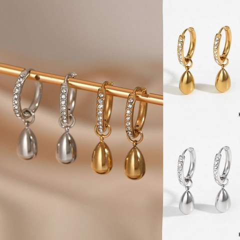 Boucles D Oreilles Créoles En Acier Inoxydable Avec Pendentif Goutte D Eau En Zircone Plaqué Or Élégant Mode Femmes