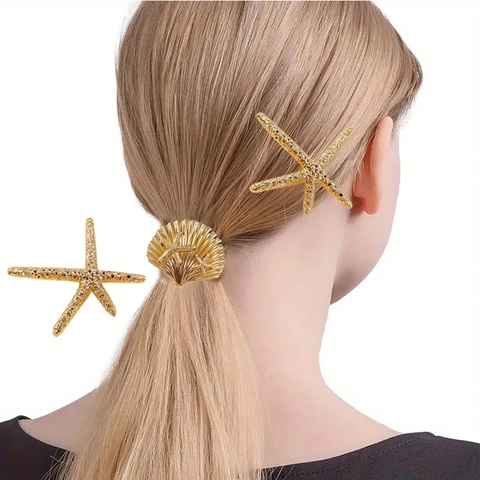 Alloy Metal Elastic Hair Ties Geometric Butterfly Star Heart Shell Decor Ponytail Holders Fashion Accessories For Women