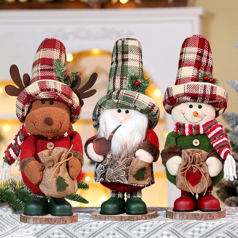 Christmas Plush Doll Ornaments Standing Santa Claus Snowman Reindeer Red Green Checkered Fabric Festive Tabletop Decoration