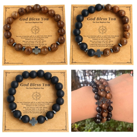 Kreuzperlenarmband Naturholz Mattstein Achat Hämatit Elastischer Religiöser Schmuck Taufe Geschenk Für Herren Damen
