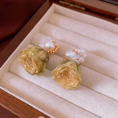 Pendientes Colgantes De Perla Artificial De Agua Dulce Y Rosa Seca Con Poste De Plata Estilo Francés Vintage Joyería Floral Para Mujer