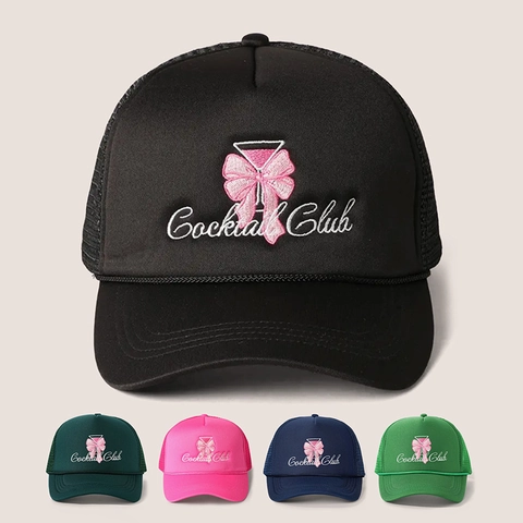 Gorra Trucker De Malla Bordada Cocktail Club Lazo Espuma Ajustable Protección Solar Exterior Estilo Retro Mujer