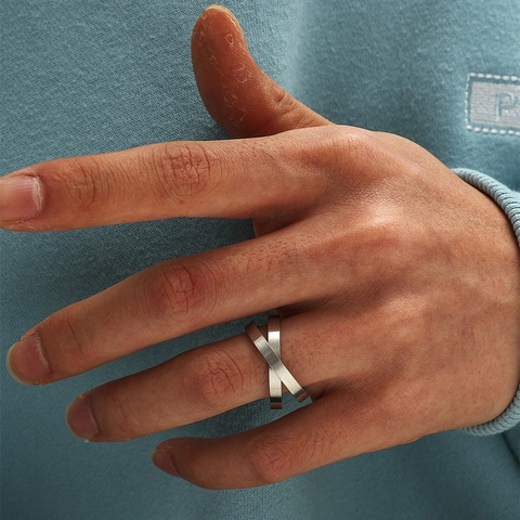 Geometric Intertwined Ring Brushed Stainless Steel Hollow Minimalist Jewelry For Men Silver Color