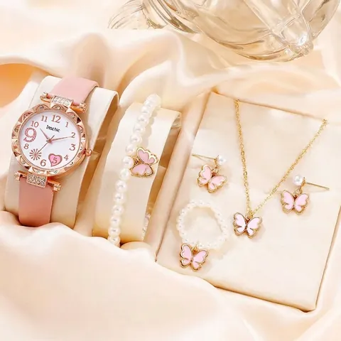 Elegant Women Quartz Watch Jewelry Set Heart Rhinestone Dial Leather Strap Butterfly Necklace Artificial Pearl Bracelet Ring Earrings Accessory Set