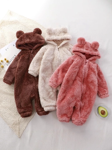 Baby Winter Fleece Hooded Romper Bear Ears Jumpsuit Warm Coral Fleece Infants Toddlers One-Piece Sleepwear Jumpsuit