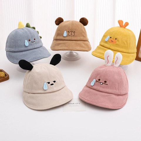 Cappello Da Pescatore Per Bambini Velluto A Coste Cartone Animato Orecchie Stereo Ricamo Caldo Antivento Per Bimbi