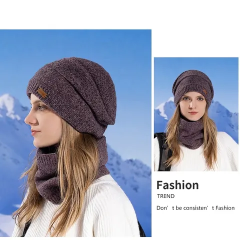 Gorro De Punto De Invierno Y Calentador De Cuello Forro Polar Cálido Grueso Deportes Al Aire Libre Cortavientos Color Sólido