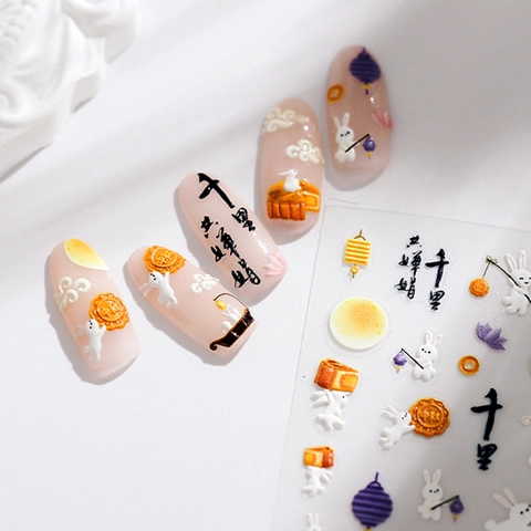 Autocollants Art Des Ongles Relief 3D Auto-adhésifs Festival Mi-automne Lapin De Jade Lune Lanterne Motif Décoration Manucure