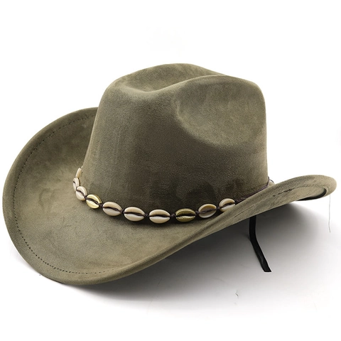 Cappello Da Cowboy Occidentale Scamosciato Decorazione Conchiglia Tesa Larga Stile Bohémien Etnico Vintage Fedora Per Uomo Donna