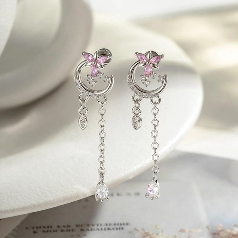 Ster Maan Zirkonia Kwastje Kraakbeen Piercing Stud Oorbel Met Titanium Stalen Staaf En Koper Asymmetrisch Elegant Dames