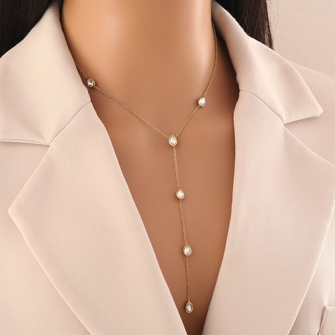 Stainless Steel Y Shape Necklace With Water Drop Glass Pendants Gold Plated Clavicle Chain Fashion Jewelry For Women
