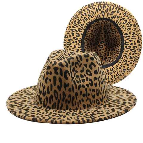 Leopard Print Fedora Hat Felt Wide Brim Jazz Panama Vintage Style For Women Men Camel