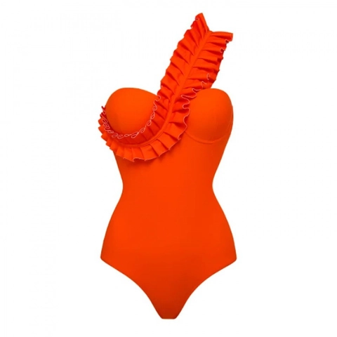 One Piece Swimsuit Women One Shoulder Ruffle Flounce Asymmetrical Padded Monokini Beachwear Vacation Solid Color