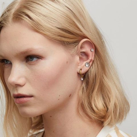 Juego de 3 Pares de Pendientes de Aro y Botón de Acero Inoxidable con Circón Chapado en Oro para Mujer Joyería