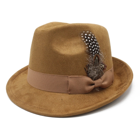 Fedora Hoed Vintage Suède Polyester Vilt Met Gevlekte Veer Lint Brede Rand Retro Britse Stijl