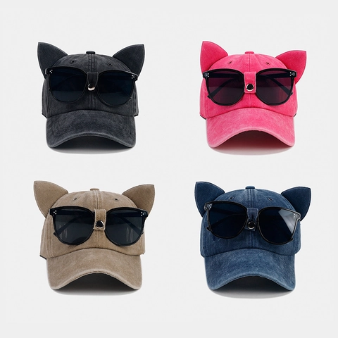 Berretto Da Baseball Con Orecchie Di Gatto E Occhiali Da Aviatore Cotone Lavato Distressed Street Trendy Cappello Donna