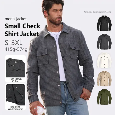 Chaqueta Camisa De Manga Larga Para Hombre Textura Gofre Cuadros Botones Casual Ropa De Abrigo Con Bolsillos Pecho