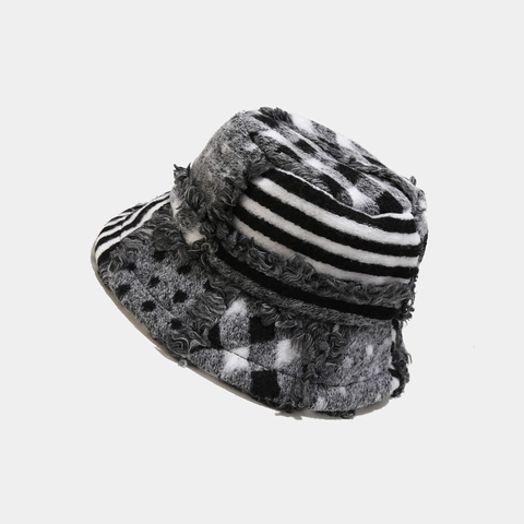 Cappello Alla Pescatora In Peluche Patchwork Retrò Per Donna Bordo Sfilacciato Strisce Geometriche Scacchi Inverno Caldo Spessa Cuffia