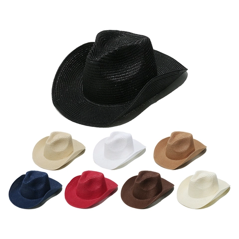 Unisex Solid Color Paper Straw Panama Fedora Hat Wide Brim Sun Protection Summer Beach Western Cowboy Jazz Hat