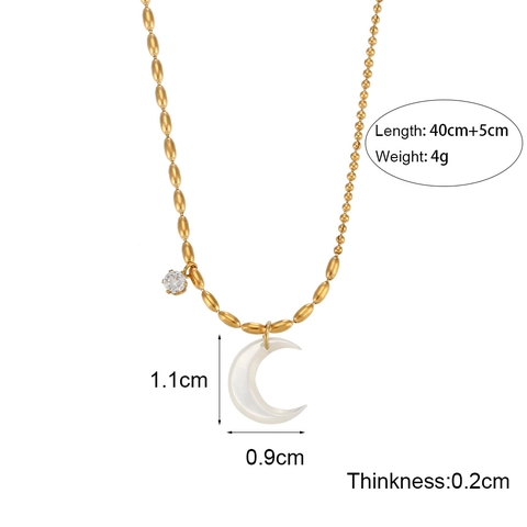 Roestvrijstalen Halve Maan Hanger Halsketting Voor Dames Verguld Schelp Maan Strass Ingelegd Kralenketting Sieraden