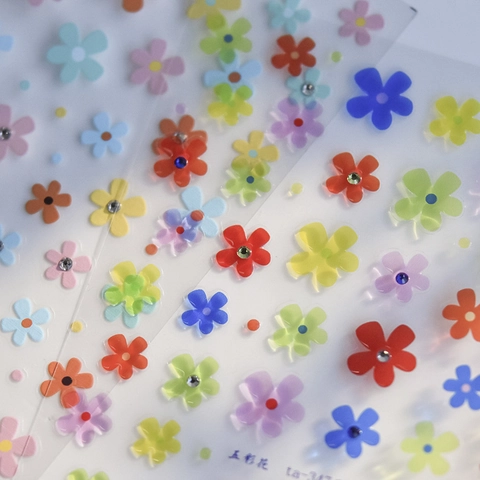 3D Nail Art Stickers Rhinestone Five Petal Flower Crystal Relief Manicure Decals DIY Decoration Macaron Color