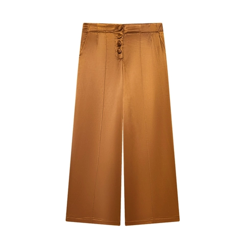 Pantalones De Pierna Ancha De Satén Para Mujer Cintura Alta Decoración De Botones Elegante Bronce Moda