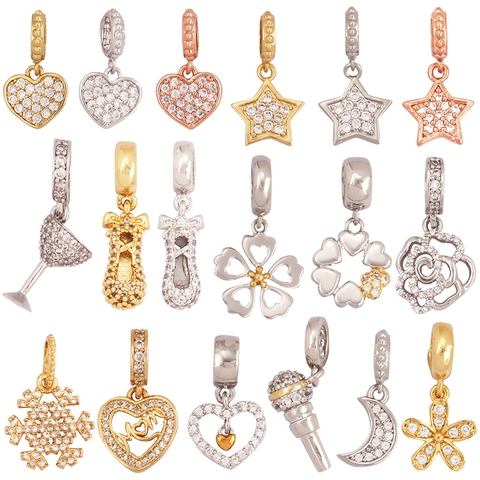 Cubic Zirconia Dangle Charms Electroplated Metal Pendants Snowflake Heart Star Moon For DIY Bracelet Necklace Jewelry