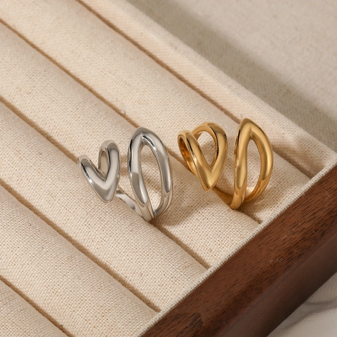 316 Stainless Steel Leaf Open Ring For Women PVD Gold Plated Irregular Winding Flowing Line Minimalist Hypoallergenic