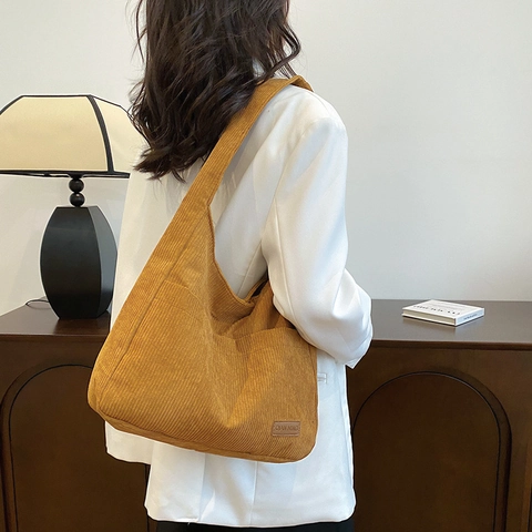 Borsa Tote In Velluto A Coste Grande Capacità Borsa A Spalla Casual Retro Con Tasca Frontale Per Donna Versatile