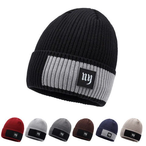 Berretto In Maglia Da Uomo Inverno Caldo Acrilico A Costine Skull Cap Con Patch Lettera Blocchi Di Colore Antivento Moda