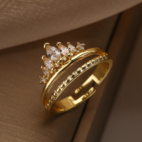 Vintage Krone Offener Ring Damen Kupfer Gold Überzogen Zirkonia Jungfrau Maria Religiöser Stil Verstellbar Schmuck