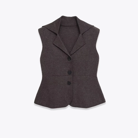 Damen Slim Fit Strickweste Ärmellose Blazer Revers Schößchen Saum Knopfleiste Weste Einfarbiges Top