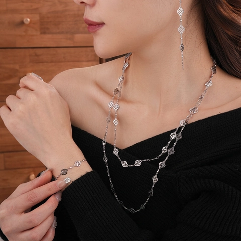 Hollow Clover Auspicious Cloud Necklace Bracelet And Earrings Jewelry Copper Vintage Luxury Style For Women