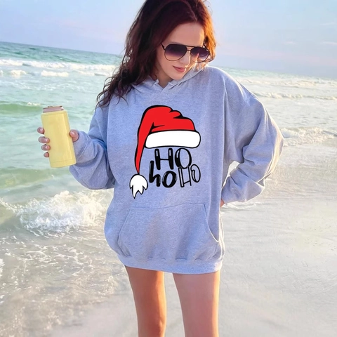 Christmas Polyester Hoodie Pullover Long Sleeve Fleece Lined Santa Hat Graphic Print Warm Casual Sweatshirt For Men Women