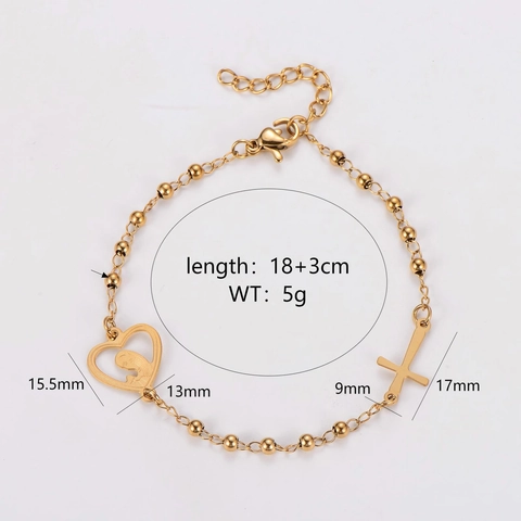 304 Roestvrijstalen Bolletjesketting Armband Met Kruis En Hart Maagd Maria Hanger Religieuze Sieraden