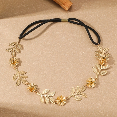 Baroque Leaf Flower Metal Headband Alloy Rhinestone Elastic Hair Band Retro Goddess Headwear For Women Wedding Party