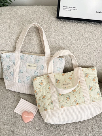 Gebloemde Gewatteerde Katoenen Handtas Met Corduroy Patchwork Vintage Tote Bag Dames Casual Commute Retro Canvas Padded Tas