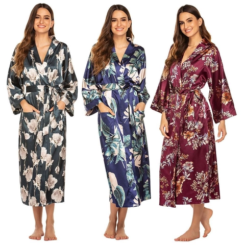 Women Long Satin Kimono Robe Satin Like Floral Patterned Sleepwear V Neck Bathrobe With Waist Tie And Pockets Loungewear