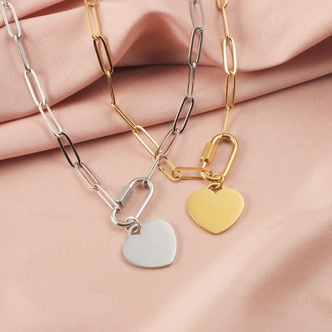 Heart Pendant Necklace 304 Stainless Steel Paperclip Chain Carabiner Clasp Polished Simple Fashion Jewelry For Women