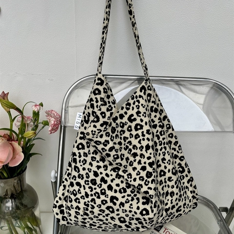 Women Canvas Tote Bag Large Capacity Floral Leopard Print Shoulder Handbag Corduroy Shopping Bag For Daily Use