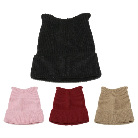 Gorro De Punto Con Orejas De Gato Mujeres Acrílico De Canalé Cálido Invierno Exterior Color Sólido Suave