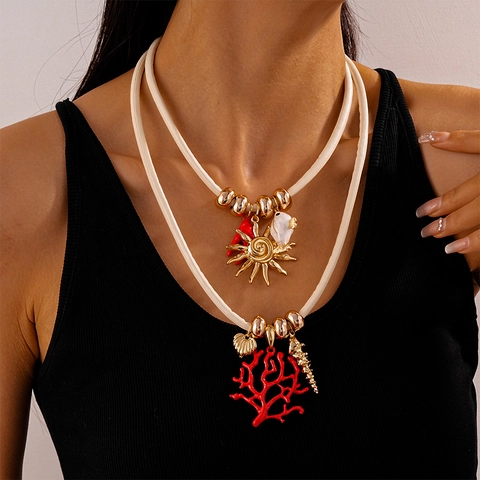 Beach Vacation Layered Necklace Alloy Enamel Coral Sun Shell Fish Pendants PU Leather Rope Bohemian Style Women