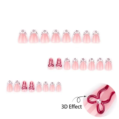 3D Rode Strik Press On Nagels Korte Amandelvorm Valse Nagels Wit Kant Ontwerp Elegante Kunstnagels