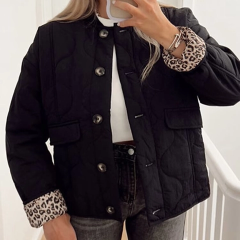 Veste Matelassée Femmes Doublure Léopard Col Rond Vintage Simple Boutonnage Manteau Rembourré Décontracté