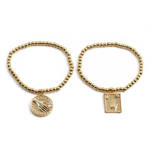 Gold Plated Copper Beaded Bracelet Hamsa Hand Moon Star Charm Elastic Bangle With Cubic Zirconia Mystical Jewelry For Women