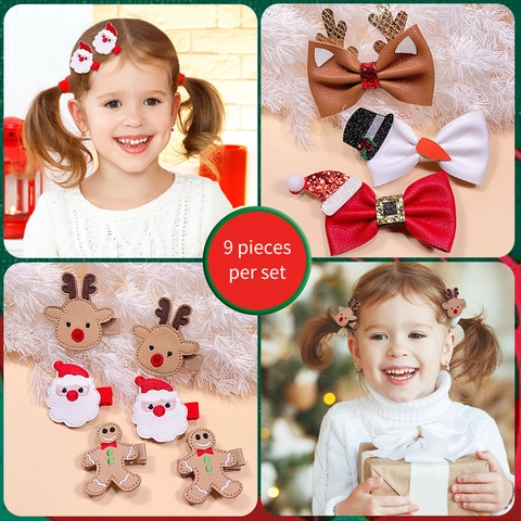 Kerst Haarclips Kinderen Meisjes Glitter Strik Rendier Kerstman Kerstmis Gingerbread Man Sneeuwpop Leer Vilt Haarspelden